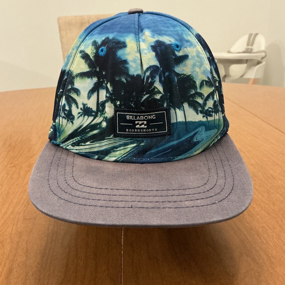 Billabong Surf Snapback Hat Mens OSFA Tropical Palm Tree Beach Flat Brim Y2K